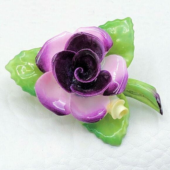 Cara China Porcelain Flower Brooch Purple Rose Staffordshire England Floral Pin - Picture 1 of 9